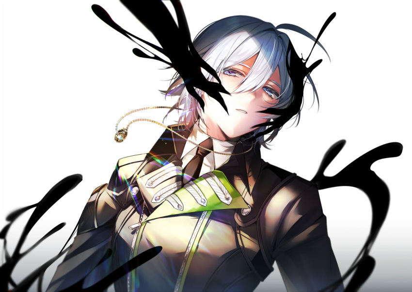 1boy ahoge black_jacket black_necktie blue_eyes collared_shirt hair_between_eyes ink jacket jewelry long_sleeves male_focus multicolored_eyes necklace necktie parted_lips ring ring_necklace shirt short_hair silver_(twisted_wonderland) simple_background solo spoilers tobidayooon twisted_wonderland violet_eyes white_background white_hair white_shirt wing_collar zipper zipper_pull_tab