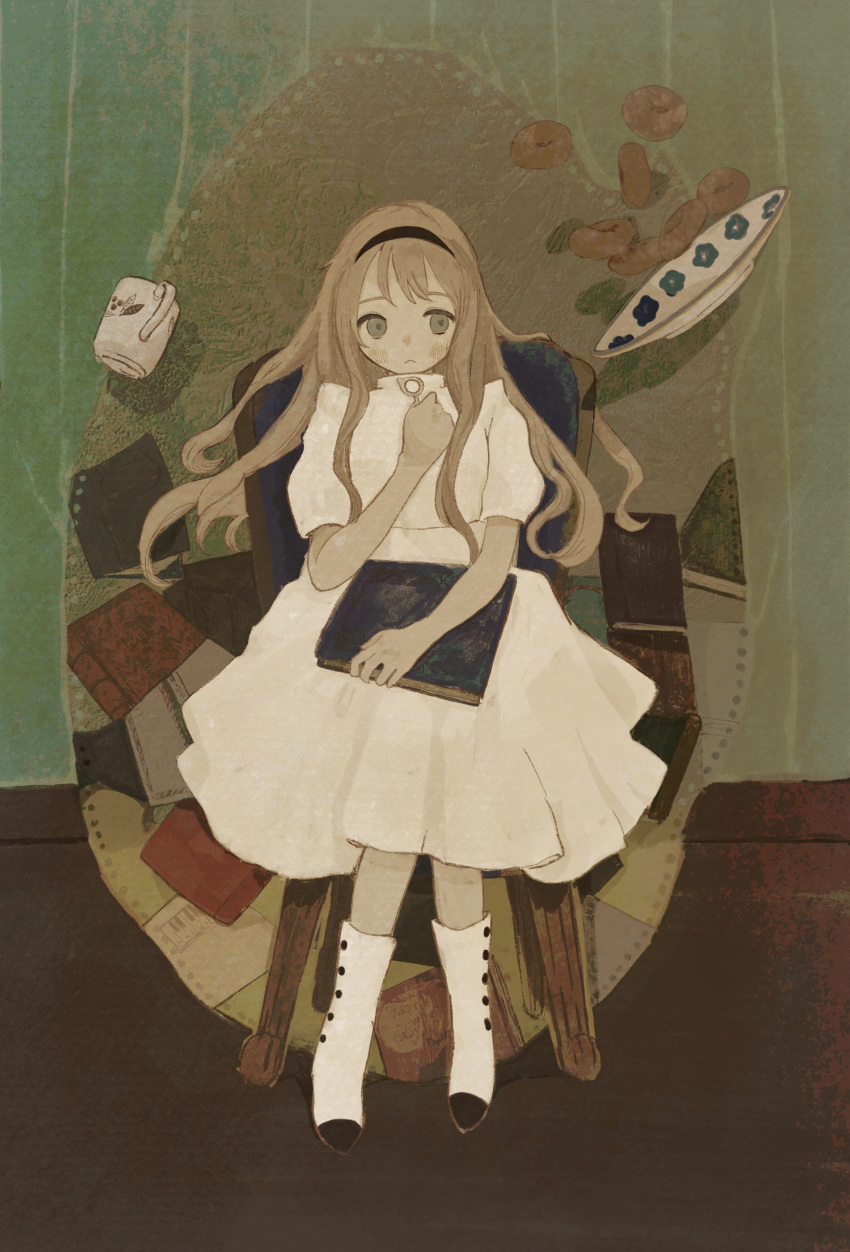 1girl :&lt; absurdres black_hairband blonde_hair blush book book_on_lap boots chair chisato_charme closed_mouth commentary_request cup doughnut dress floating floating_hair floating_object food full_body grey_eyes hairband hand_on_lap hand_on_own_chest high_collar highres holding holding_book knee_boots long_hair looking_at_viewer mug on_chair original outside_border oval_background plate short_sleeves sitting solo wallpaper_(object) white_dress white_footwear