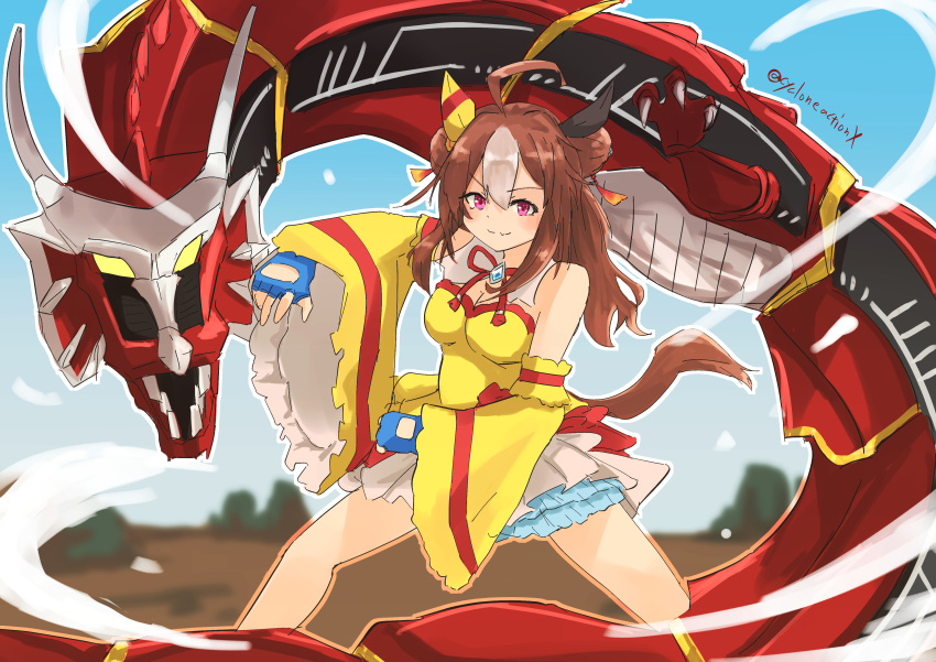1girl absurdres ahoge animal_ears bare_shoulders blue_gloves blurry blurry_background commentary_request copano_rickey_(umamusume) cycloneactionx detached_sleeves double_bun dragon dragreder ear_covers gloves hair_bun highres horse_ears horse_girl horse_tail kamen_rider kamen_rider_ryuki_(series) multicolored_hair smile striped_hair tail tokusatsu twitter_username two-tone_hair umamusume violet_eyes yellow_sleeves