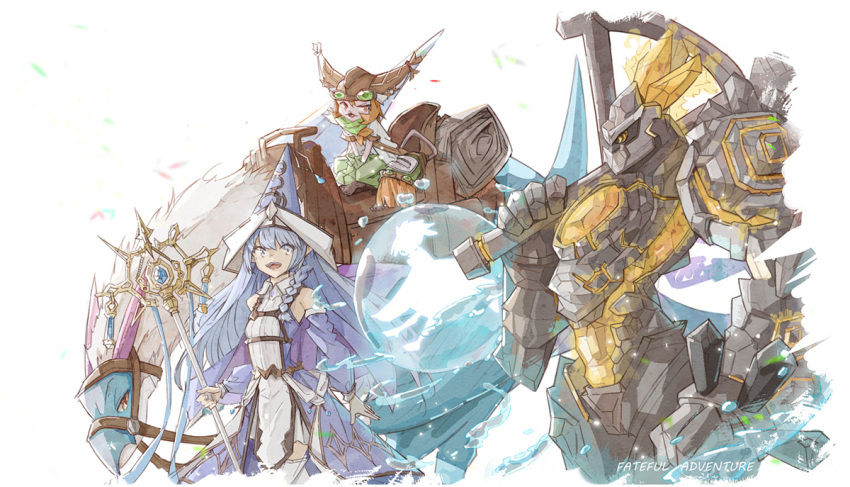 1girl 2others ambiguous_gender axe bare_shoulders blue_eyes blue_hair braid bubble detached_sleeves dracoback_the_rideable_dragon dragon dress duel_monster goggles goggles_on_head golem helmet holding holding_axe large_ears long_hair magicore_warrior_of_the_relics multiple_others open_mouth pointy_ears pointy_hair red_eyes silhouette smile tamago_(xyxk3743) thigh-highs violet_eyes wandering_gryphon_rider water_enchantress_of_the_temple yu-gi-oh!