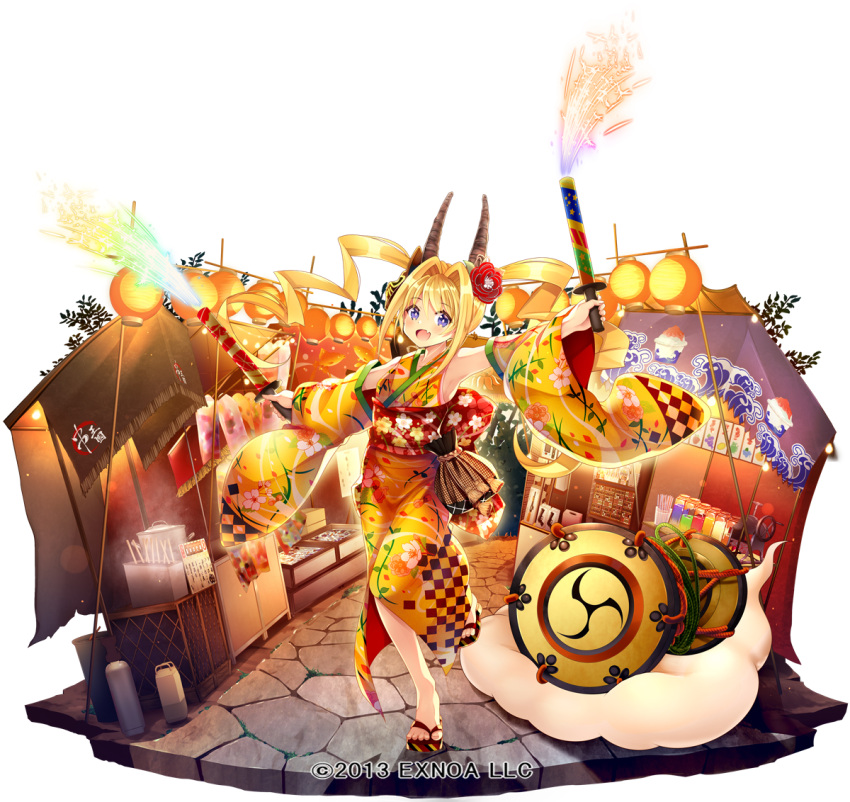 1girl 2013 :d armpits blonde_hair blush bush checkered_clothes checkered_kimono clouds commentary company_name detached_sleeves drum fang floral_print flower food food_stand hair_flower hair_intakes hair_ornament holding_fireworks horns instrument japanese_clothes kimono lantern leg_up long_hair looking_at_viewer mask mask_on_head obi official_art orange_kimono outdoors outstretched_arms paper_lantern pavement red_flower remii sash sennen_sensou_aigis shaved_ice skin_fang sleeveless sleeveless_kimono smile solo spread_arms standing standing_on_one_leg steam summer_festival taicho128 taiko_drum tassel trash_can twintails violet_eyes white_background wide_sleeves zouri