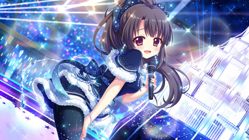 1girl audience black_hair black_pantyhose blue_bow blue_capelet blue_dress bow capelet concert dot_nose dress drop_earrings dutch_angle earrings film_grain from_side game_cg glowstick hair_bow hand_on_own_leg high_ponytail holding holding_microphone ichikishima_mizuha idol idol_clothes izumi_tsubasu jewelry large_bow leaning_forward lens_flare looking_at_viewer microphone non-web_source object_request official_art open_mouth pantyhose re:stage! smile solo sparkle stage stage_lights violet_eyes