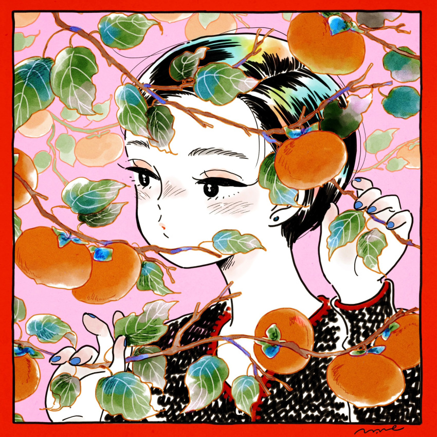 1girl black_eyes black_hair black_shirt blue_nails blush border branch commentary_request earrings emamemamo33 eyeshadow fingernails food fruit fruit_tree hands_up highres jewelry leaf looking_to_the_side makeup multicolored_hair nail_polish open_mouth original persimmon persimmon_tree pink_background pink_eyeshadow portrait rainbow_gradient rainbow_hair red_border shirt short_hair signature solo stud_earrings tree upper_body v-neck