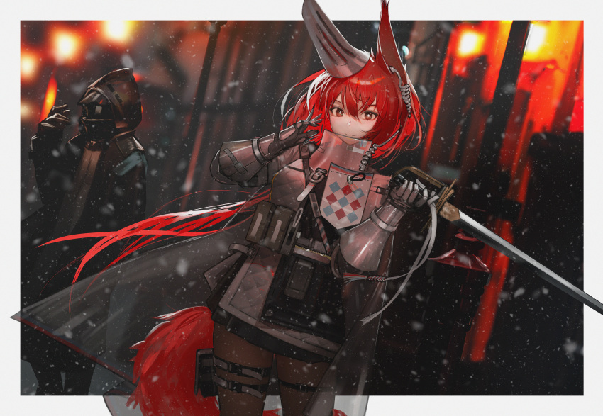 1girl 1other absurdres animal_ears arknights armor black_pantyhose border brown_eyes cowboy_shot doctor_(arknights) ear_covers earpiece flametail_(arknights) ganet_p gauntlets hair_between_eyes hands_up highres holding holding_sword holding_weapon long_hair looking_at_viewer outside_border pantyhose redhead single_ear_cover smile solo_focus squirrel_ears squirrel_girl squirrel_tail sword tail thigh_pouch thigh_strap very_long_hair weapon white_background white_border