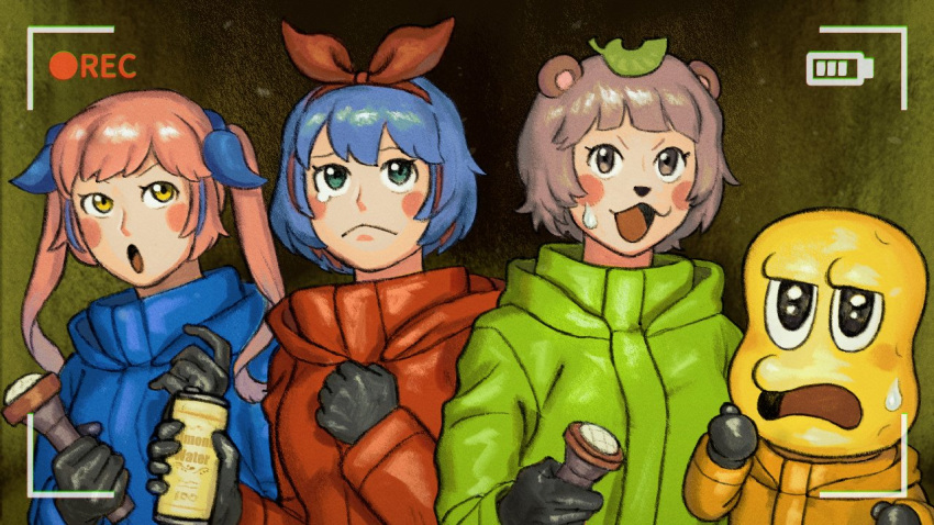 1boy 3girls :&lt; :3 :o animal_ears animal_nose backrooms_(creepypasta) battery_indicator black_eyes black_gloves blue_bow blue_coat blue_hair blush_stickers bob_cut bow can coat commentary_request flashlight frown gloves green_coat grey_eyes grey_hair hair_bow hairband hands_up high_collar holding holding_can holding_flashlight hood hood_down hooded_coat leaf leaf_on_head long_sleeves mode_aim multiple_girls multiple_hair_bows odorudebasan omega_rei omega_rio omega_sisters open_mouth parka peanuts-kun pink_hair ponpoko_(vtuber) raccoon_ears raccoon_girl recording red_bow red_coat red_hairband ringlets short_hair siblings sisters sweatdrop tearing_up twintails upper_body v-shaped_eyebrows viewfinder virtual_youtuber yellow_coat