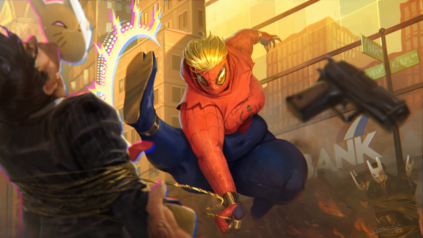 1boy 1girl 2023 absurdres blonde_hair blue_pants building city cityscape emberwickart gun highres kicking knockout marvel mask original pants red_mask red_suit restrained rope spider-man_(series) spider-verse suit weapon