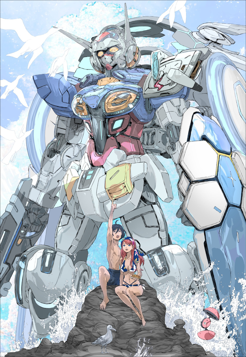 1boy 1girl absurdres aida_rayhunton beam_rifle bellri_zenam bikini bird black_hair blue_eyes blue_sky breasts brother_and_sister clouds day energy_gun g-self green_eyes gull gundam gundam_g_no_reconguista hair_between_eyes hair_ornament highres long_hair mecha mobile_suit nobell ocean open_mouth orange_hair outdoors red_eyes robot rock science_fiction seabird seagull short_hair siblings sky smile swimsuit water waves weapon yasuda_akira