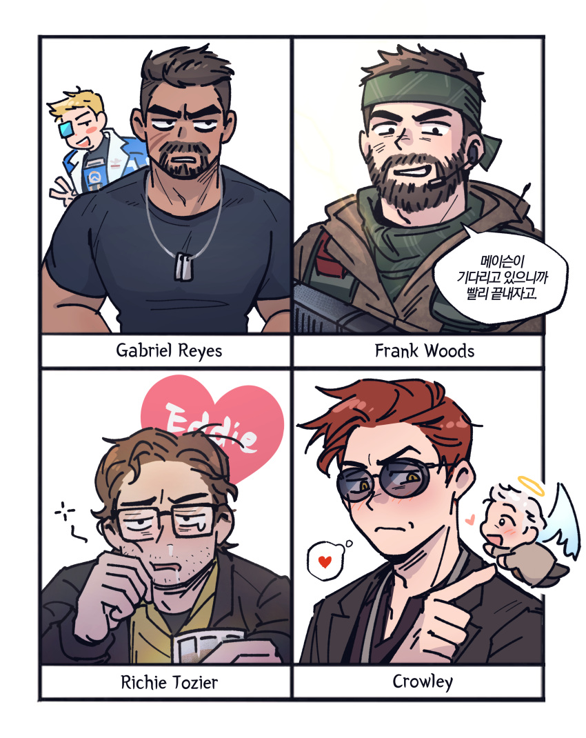 6+boys absurdres angel aziraphale_(good_omens) bandana beard black_shirt blonde_hair blue_jacket blush brown_hair brown_jacket call_of_duty call_of_duty:_black_ops character_name chibi chibi_inset coat crowley_(good_omens) dark-skinned_male dark_skin dog_tags facial_hair followers_favorite_challenge frank_woods glasses good_omens gun halo headset heart highres holding holding_gun holding_weapon it_(stephen_king) jacket korean_text male_focus mask mature_male medium_hair multiple_boys multiple_drawing_challenge old old_man overwatch overwatch_1 poking reaper_(overwatch) redhead richie_tozier runny_nose shirt short_hair sleepy smile snot soldier:_76_(overwatch) speech_bubble stubble sunglasses teardrop thick_mustache thought_bubble translation_request upper_body v wasted_m9 weapon white_background white_hair wings yellow_eyes yellow_shirt