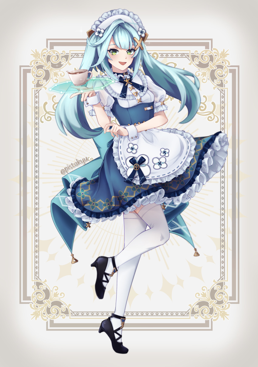 1girl absurdres alternate_costume apron aqua_hair artist_name black_footwear blue_choker blue_dress blue_ribbon choker commentary cup dress enmaided faruzan_(cafe)_(genshin_impact) faruzan_(genshin_impact) frills full_body genshin_impact green_eyes hair_ornament hand_up highres knee_up long_hair looking_at_viewer maid maid_apron maid_headdress mary_janes official_alternate_costume open_mouth pisskun puffy_short_sleeves puffy_sleeves ribbon shoes short_sleeves smile solo teacup thigh-highs triangle-shaped_pupils twintails white_thighhighs white_wrist_cuffs wrist_cuffs x_hair_ornament zettai_ryouiki