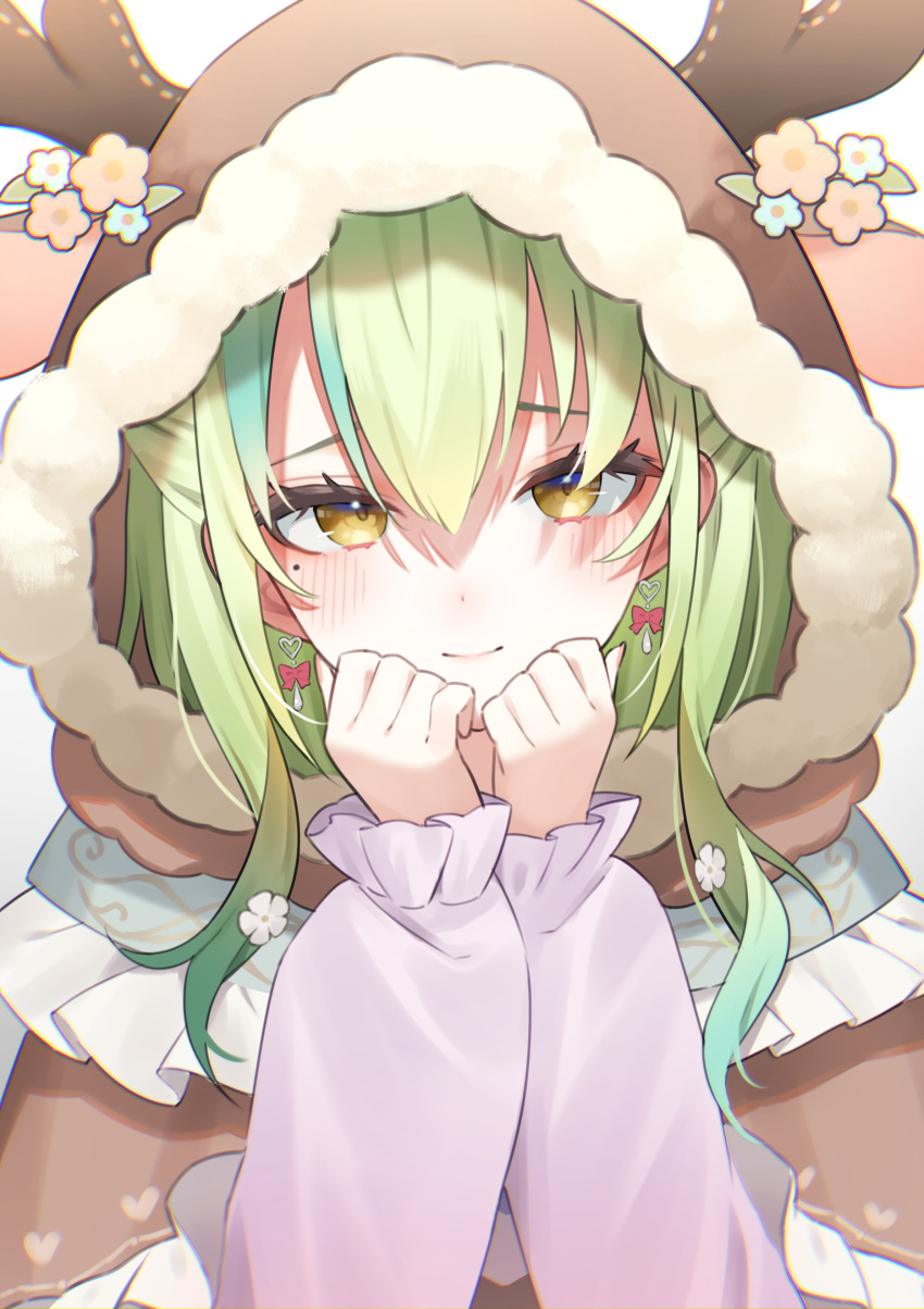 1girl absurdres animal_ears animal_hood blush bow bow_earrings brown_capelet capelet ceres_fauna ceres_fauna_(jirai_kei) clenched_hand commentary deer_hood earrings fake_animal_ears fake_horns flower frills fur-trimmed_capelet fur-trimmed_hood fur_trim green_hair gukurosawa01 hair_flower hair_ornament highres hololive hololive_english hood hood_up hooded_capelet horned_hood horns jewelry long_hair long_sleeves looking_at_viewer mole mole_under_eye multicolored_hair official_alternate_costume pink_shirt shirt smile solo streaked_hair symbol-only_commentary virtual_youtuber white_background yellow_eyes