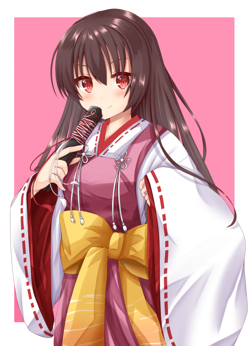 1girl absurdres blush border bow brown_hair closed_mouth colored_eyelashes commentary_request cowboy_shot eyelashes folding_fan hair_between_eyes hand_fan hands_up highres holding holding_fan japanese_clothes kimono long_hair looking_at_viewer n_rinkoro pink_background red_eyes red_ribbon ribbon ribbon-trimmed_sleeves ribbon_trim simple_background sleeves_past_fingers sleeves_past_wrists smile solo split_mouth standing tassel tenshinranman unohana_no_sakuyahime white_border white_kimono white_tassel wide_sleeves yellow_bow