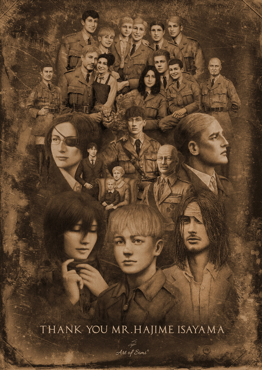 1other 4girls 6+boys aged_down aged_up armin_arlert bald bandage_over_one_eye bertolt_hoover brothers brown_theme cheek-to-cheek closed_eyes colt_grice commentary dina_fritz dot_pixis english_commentary english_text eren_kruger eren_yeager erwin_smith expressionless eyepatch facial_hair falco_grice family gabi_braun goatee grisha_yeager group_picture heads_together highres jean_kirchstein keith_shadis looking_ahead marcel_galliard marco_bodt marley_military_uniform mikasa_ackerman multiple_boys multiple_girls necktie official_alternate_costume pieck_finger porco_galliard realistic reiner_braun scarf shingeki_no_kyojin siblings simi_braun thank_you theo_magath zeke_yeager
