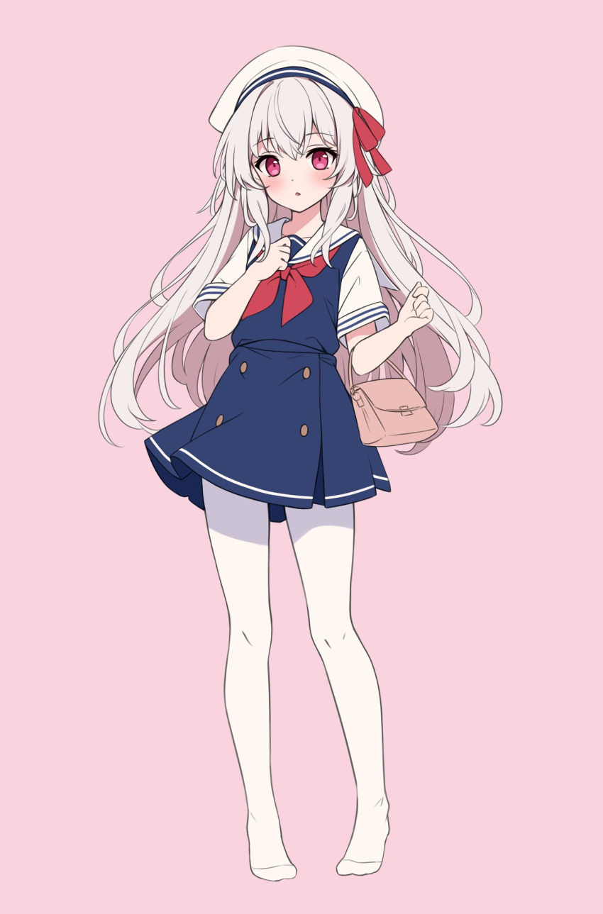 1girl bag beret blue_dress blush bow character_request commentary dress english_commentary full_body hair_between_eyes handbag hands_up hat hat_bow highres hitsukuya honkai:_star_rail honkai_(series) long_hair looking_at_viewer neckerchief no_shoes pantyhose parted_lips pink_background pleated_dress red_bow red_eyes red_neckerchief sailor_collar sailor_dress short_sleeves simple_background sleeveless sleeveless_dress solo standing very_long_hair white_hair white_headwear white_pantyhose white_sailor_collar