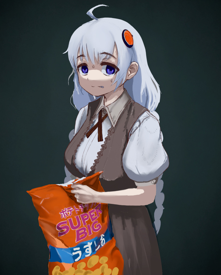 1girl ahoge bag bag_of_chips braid breasts brown_dress clenched_teeth collared_shirt commentary_request cowboy_shot cross_tie dress dress_shirt grimace hair_ornament highres holding holding_bag kamefuku kizuna_akari large_breasts long_hair looking_at_viewer low_twin_braids nervous_sweating no_jacket opening pinafore_dress puffy_short_sleeves puffy_sleeves shirt short_sleeves sleeveless sleeveless_dress solo sweat teeth twin_braids violet_eyes vocaloid voiceroid white_hair white_shirt