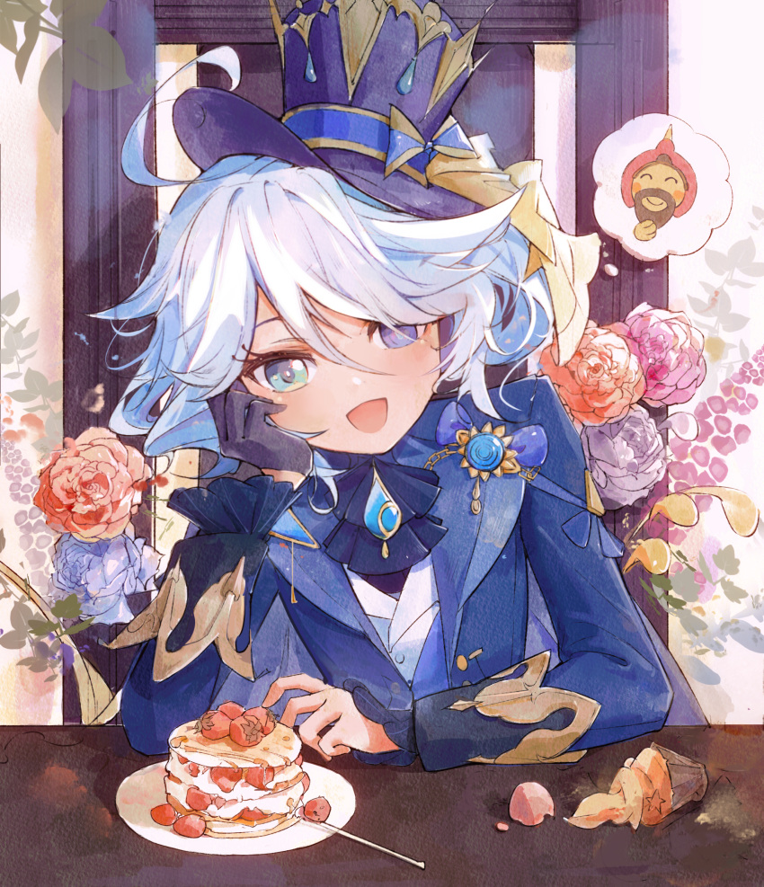 1girl ahoge aqua_hair arm_support ascot bespectacled black_ascot blue_eyes chair commentary_request cupcake drop-shaped_pupils flower food furina_(genshin_impact) genshin_impact glasses gloves hair_between_eyes hat head_rest head_tilt heterochromia highres long_hair long_sleeves looking_at_viewer mismatched_pupils painting_(medium) pancake pancake_stack parted_lips plate rose sidelocks single_glove solo souffle_pancake soukl.m table top_hat traditional_media watercolor_(medium)