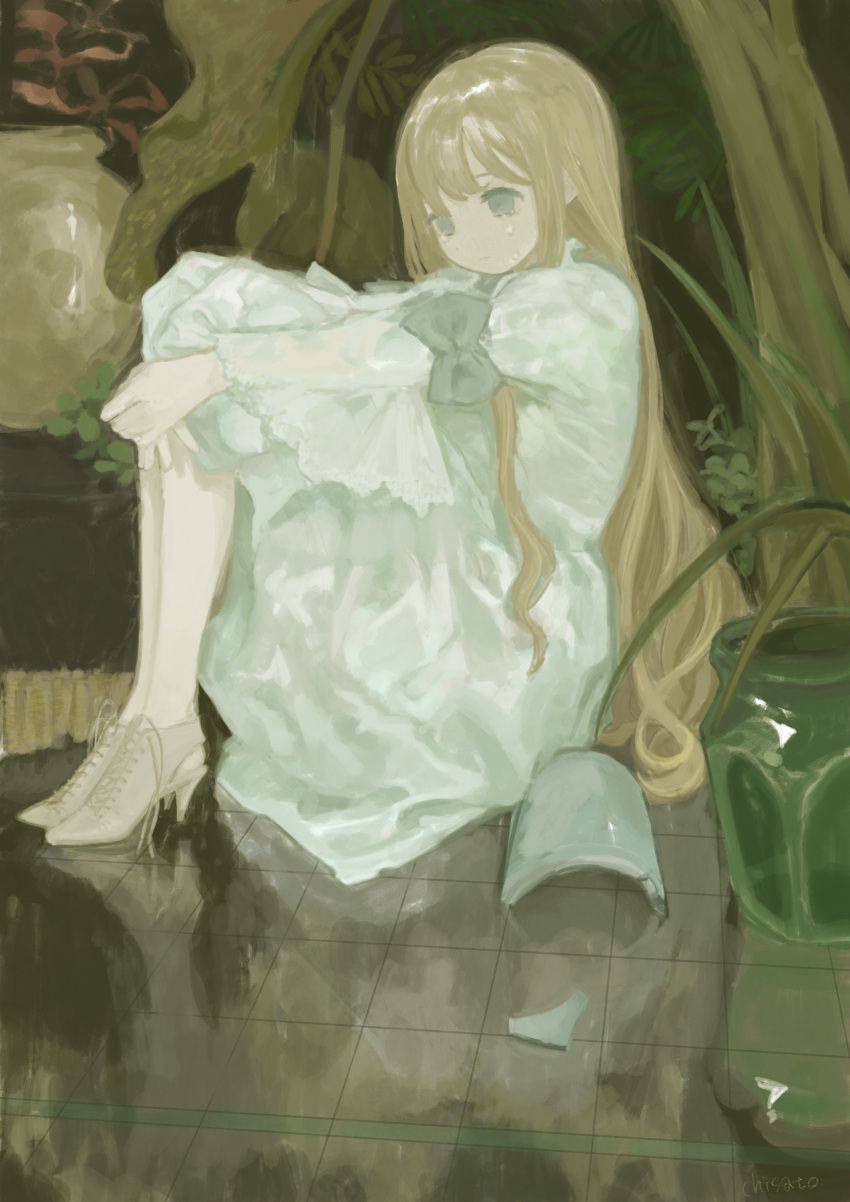 1girl absurdres artist_name blonde_hair bow broken_vase chisato_charme closed_mouth commentary_request crying crying_with_eyes_open dress empty_eyes from_side grey_bow grey_dress grey_eyes grey_footwear high_heels highres knees_up lace-trimmed_sleeves lace_trim legs_together long_hair long_sleeves looking_ahead original outstretched_arms own_hands_together pantyhose plant reflective_floor sidelocks sitting sleeve_bow solo tears tile_floor tiles white_pantyhose