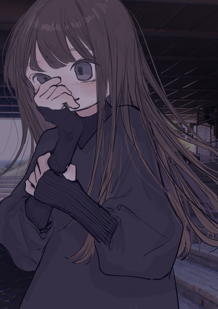 1girl absurdres black_eyes black_sweater brown_hair commentary_request grabbing_own_arm hand_on_own_face highres long_hair long_sleeves original outdoors parted_lips photo_background ribbed_sweater sleeves_past_wrists solo stairs sweater upper_body yunoki_itsugu