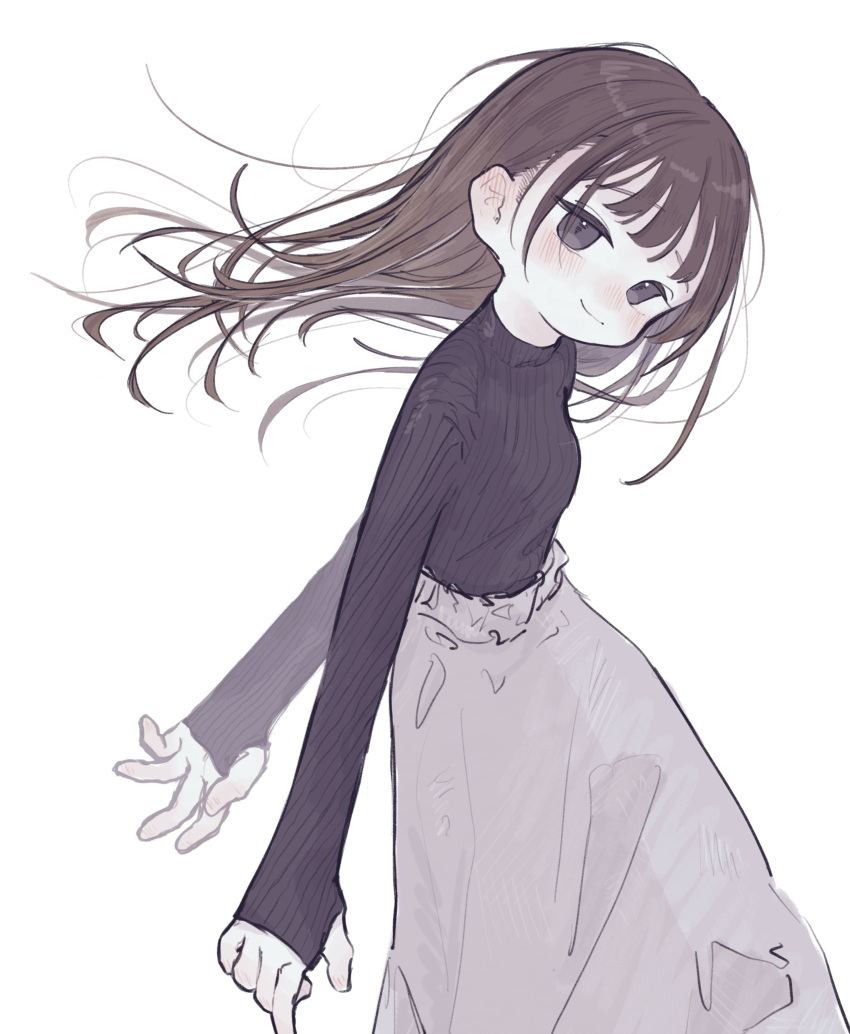 1girl absurdres black_eyes black_sweater blush breasts brown_hair closed_mouth floating_hair grey_skirt highres long_hair long_sleeves looking_at_viewer original ribbed_sweater simple_background skirt small_breasts solo sweater white_background yunoki_itsugu