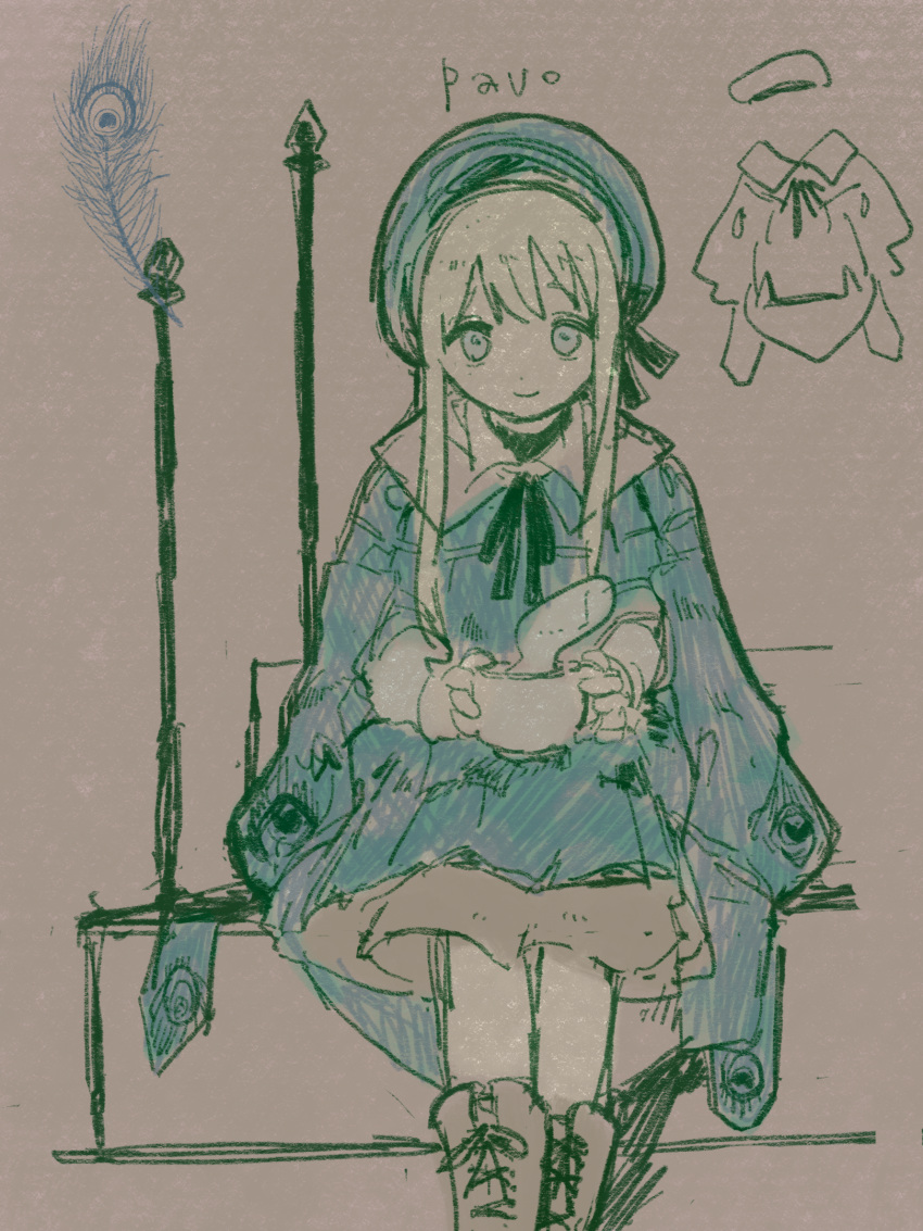 1girl beret blue_coat blue_headwear boots bow brown_background brown_footwear brown_skirt chisato_charme closed_mouth coat commentary cup feet_out_of_frame hat hat_bow highres holding holding_cup hot_drink knee_boots kneehighs limited_palette long_hair long_sleeves looking_at_viewer mug neck_ribbon original peacock_feathers ribbon sidelocks simple_background sitting sitting_on_stairs skirt smile socks solo stairs stream symbol-only_commentary