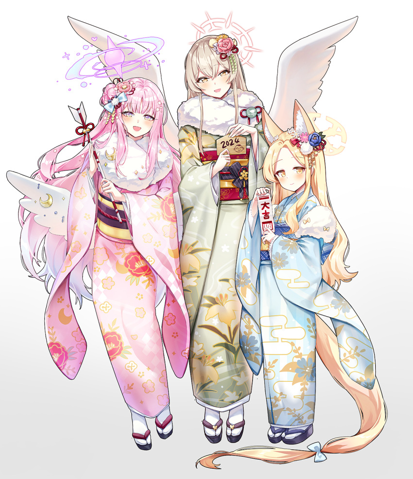 3girls alternate_costume angel_wings animal_ears arona's_sensei_doodle_(blue_archive) arrow_(projectile) blonde_hair blue_archive blue_kimono blush brown_eyes crescent crescent_pin ema flower fox_ears fox_tail green_kimono hair_bun hair_flower hair_ornament halo hamaya highres japanese_clothes kimono light_brown_hair long_hair looking_at_viewer mika_(blue_archive) multiple_girls nagisa_(blue_archive) open_mouth picter pink_flower pink_hair pink_halo pink_kimono seia_(blue_archive) sensei_(blue_archive) single_side_bun smile socks tabi tail tea_party_(blue_archive) very_long_hair white_socks white_wings wing_decorations wings yellow_eyes yellow_halo