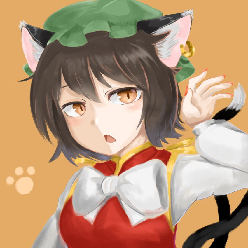 114514z 1girl animal_ear_fluff animal_ear_piercing animal_ears bow bowtie breasts brown_background brown_eyes brown_hair cat_ears cat_tail chen commentary_request earrings eyebrows_hidden_by_hair gold_trim green_headwear hand_up hat highres jewelry light_blush long_sleeves looking_at_viewer mob_cap multiple_tails nail_polish nekomata no_lineart open_mouth painterly paw_print paw_print_background red_nails red_vest short_hair simple_background single_earring small_breasts solo tail touhou two_tails upper_body vest white_bow white_bowtie
