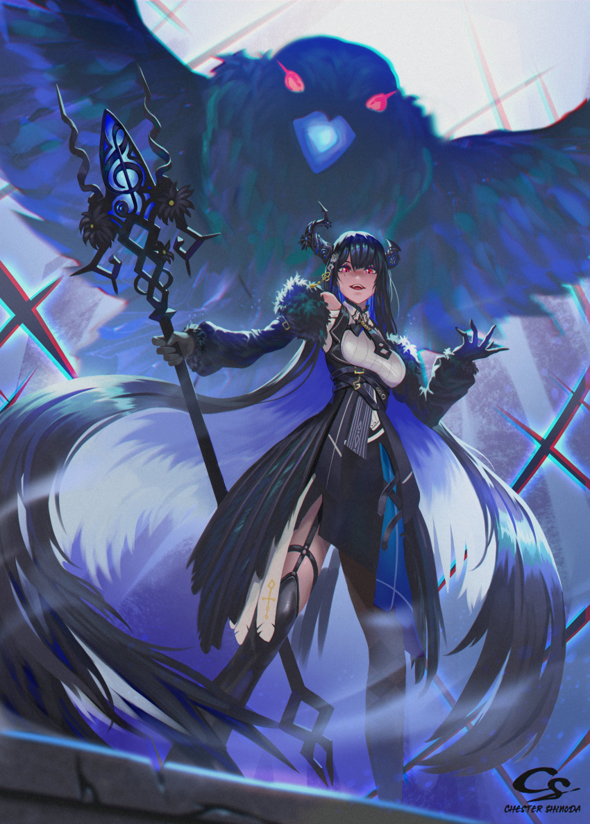 1girl absurdres artist_name asymmetrical_horns bird black_dress black_hair blue_hair breasts chester_shinoda colored_inner_hair crow demon_horns dress fur_trim garter_straps gloves highres holding holding_staff hololive hololive_english horn_flower horns jailbird_(nerissa_ravencroft) large_breasts long_hair long_sleeves looking_at_viewer multicolored_hair nerissa_ravencroft open_mouth red_eyes signature solo staff two-tone_hair uneven_horns very_long_hair virtual_youtuber