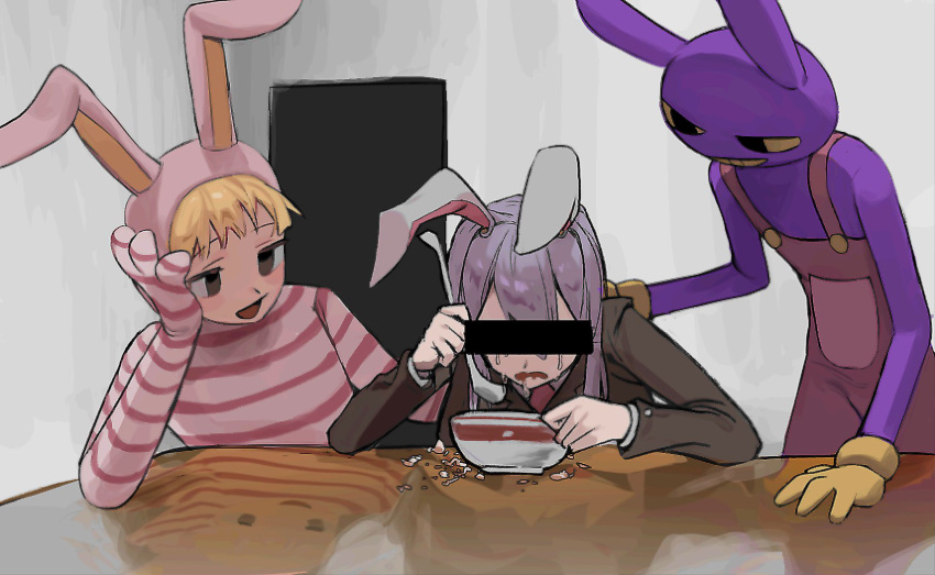 10000_we 1girl 2boys animal_ears black_hair blank_room_soup blazer blonde_hair bodysuit bowl brown_eyes brown_jacket bunny censored colored_sclera commentary crossover crying english_commentary food furry furry_male gloves grin hair_between_eyes hand_on_another's_back head_rest highres holding holding_spoon identity_censor indoors ishygddt_(meme) jacket jax_(the_amazing_digital_circus) long_bangs long_hair long_sleeves looking_at_another meme multiple_boys multiple_crossover open_mouth overalls pink_bodysuit pink_overalls popee_(popee_the_performer) popee_the_performer purple_hair rabbit rabbit_boy rabbit_ears rabbit_girl reflection reisen_udongein_inaba short_bangs smile soup spoon striped_bodysuit table the_amazing_digital_circus touhou trait_connection upper_body yellow_gloves yellow_sclera