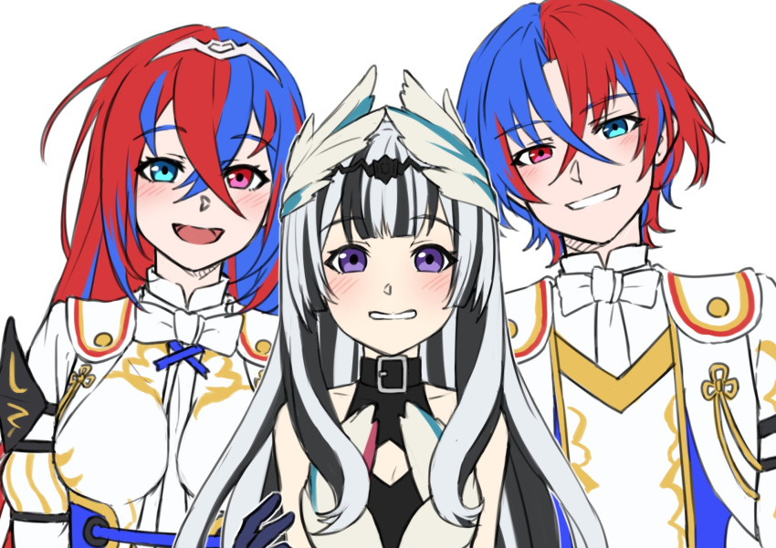 1boy 2girls alear_(female)_(fire_emblem) alear_(fire_emblem) alear_(male)_(fire_emblem) black_hair blue_eyes blue_hair crossed_bangs dress feather_hair_ornament feathers fire_emblem fire_emblem_engage grey_hair hair_between_eyes hair_ornament heterochromia highres long_hair looking_at_viewer multicolored_hair multiple_girls open_mouth red_eyes redhead short_hair siblings smile split-color_hair tiara two-tone_hair veyle_(fire_emblem) white_background zuzu_(ywpd8853)
