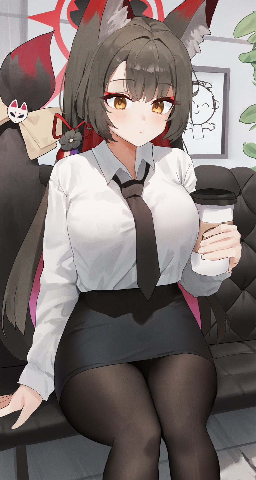 1girl absurdres animal_ears arona's_sensei_doodle_(blue_archive) black_hair black_necktie black_pantyhose blue_archive blush breasts closed_mouth coffee_cup collared_shirt colored_inner_hair cup disposable_cup eyeshadow fox_ears fox_tail halo highres holding holding_cup large_breasts long_hair makeup multicolored_hair necktie pantyhose red_eyeshadow red_halo redhead sensei_(blue_archive) seya_(sseya33) shirt sitting solo tail wakamo_(blue_archive) white_shirt yellow_eyes