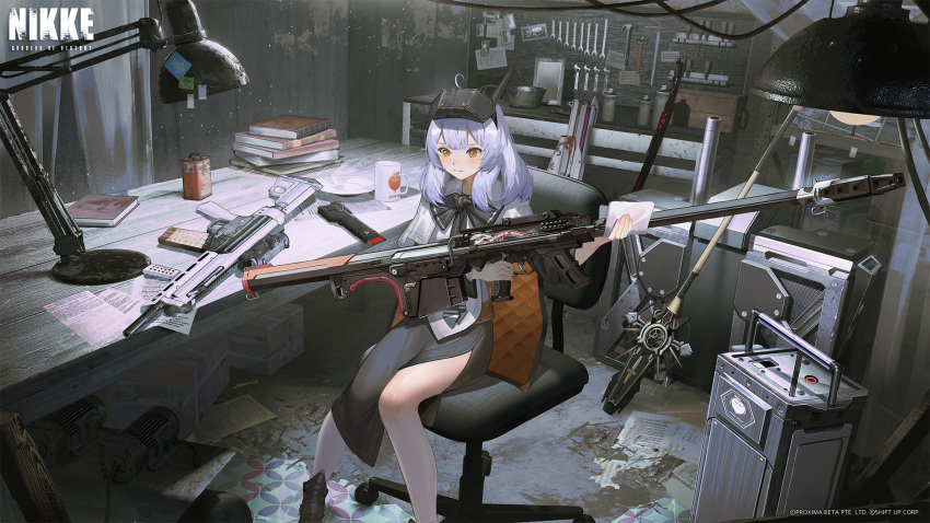 1girl assault_rifle black_dress book book_stack closed_mouth cup curtains desk desk_lamp dress frown goddess_of_victory:_nikke goggles goggles_on_head gun hammer highres indoors lamp long_hair mage_staff mug official_art on_chair polishing rifle sawana second-party_source sitting sniper_rifle snow_white:_innocent_days_(nikke) solo swivel_chair watermark weapon white_hair wiping wrench yellow_eyes