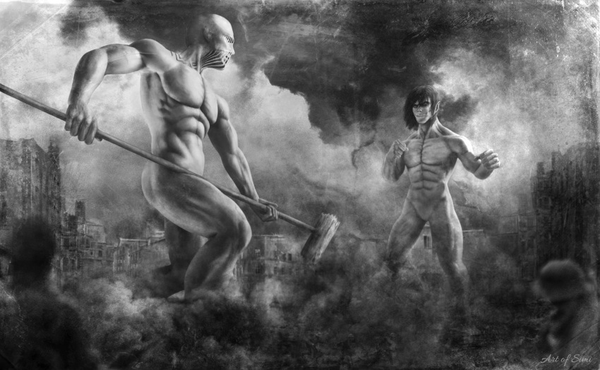 2boys battle duel feet_out_of_frame giant giant_male greyscale hammer highres holding holding_hammer lara_tybur looking_at_another monochrome multiple_boys muscular muscular_male raised_fists rogue_titan shingeki_no_kyojin simi_braun smoke standing titan_(shingeki_no_kyojin) war_hammer_titan