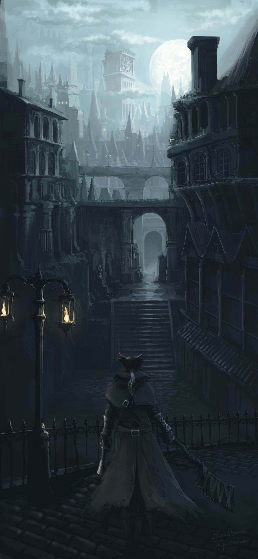 1other absurdres ambiguous_gender bloodborne boots building capelet city coat gloves gun handgun hat highres holding holding_gun holding_weapon house hunter_(bloodborne) lamp moon night ponytail saw_cleaver scenery solo stairs standing torn_clothes torn_coat tower tricorne tripdancer weapon