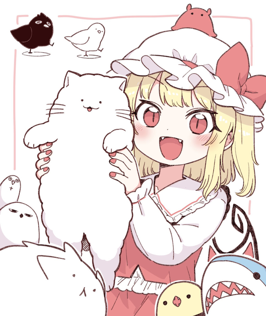 1girl animal bird black_bird blonde_hair bow cat chick commentary_request crow fangs final_fantasy final_fantasy_xiv flandre_scarlet great_serpent_of_ronka hat hat_bow highres holding holding_animal holding_cat kyoufuu_all_back_(vocaloid) looking_at_viewer mob_cap one_side_up oninamako red_bow red_eyes red_nails shark sharp_teeth short_hair slit_pupils teeth touhou white_background white_bird white_cat