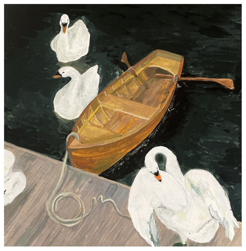 afloat bird border chisato_charme commentary_request dock from_above highres no_humans oar original rope rowboat swan water white_border