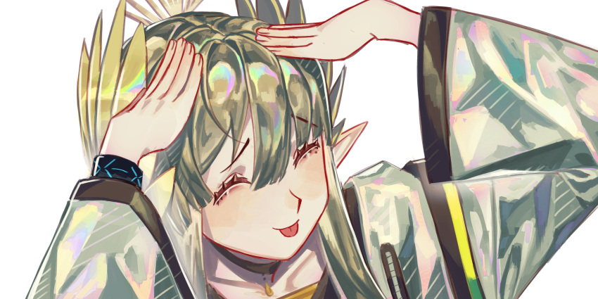 1girl :p absurdres ah_eto..._bleh_(meme) arknights arms_on_head closed_eyes coat elf green_hair hair_between_eyes hand_up hands_on_own_head highres infection_monitor_(arknights) kikan_(kikanoe) laurel_crown laurels long_sleeves meme mole mole_under_eye muelsyse_(arknights) pointy_ears portrait simple_background solo tongue tongue_out white_background white_coat