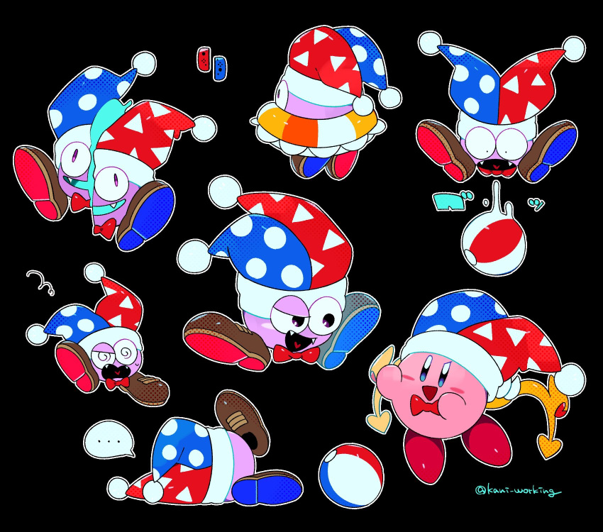 ... 1boy 1other @_@ ball beachball black_background blush_stickers bow bowtie brown_footwear colored_skin cosplay fangs hat highres jester_cap joy-con kanianoreki kirby kirby_(series) lifebuoy lying marx_(kirby) marx_(kirby)_(cosplay) no_humans open_mouth outline pink_skin purple_skin solid_oval_eyes white_outline