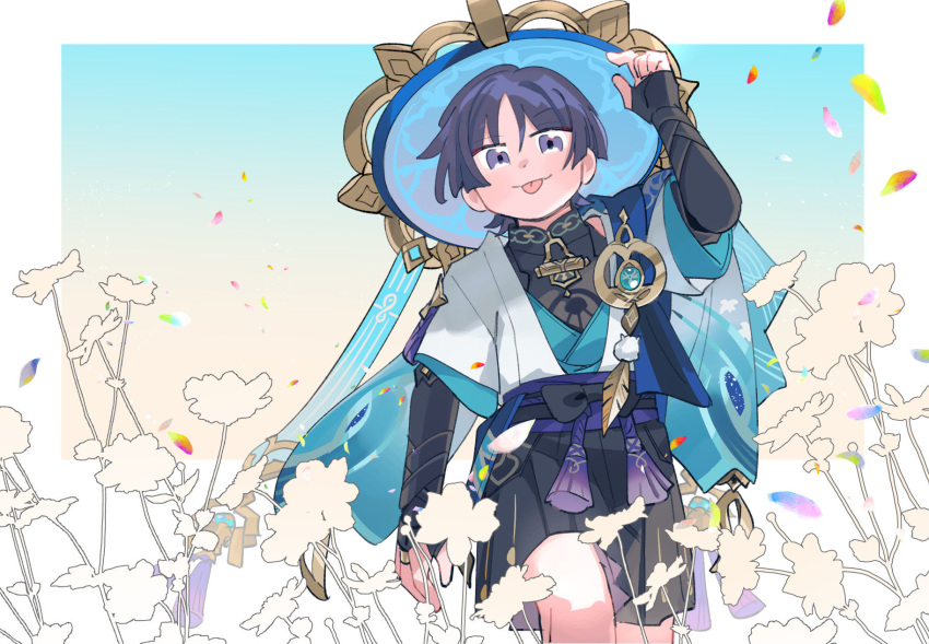 1boy commentary english_commentary flower gauntlets genshin_impact grey_eyes hakama hakama_shorts highres japanese_clothes long_sleeves looking_at_viewer male_focus oneroom-disco petals scaramouche_(genshin_impact) short_hair shorts solo standing tongue tongue_out wanderer_(genshin_impact) wide_sleeves