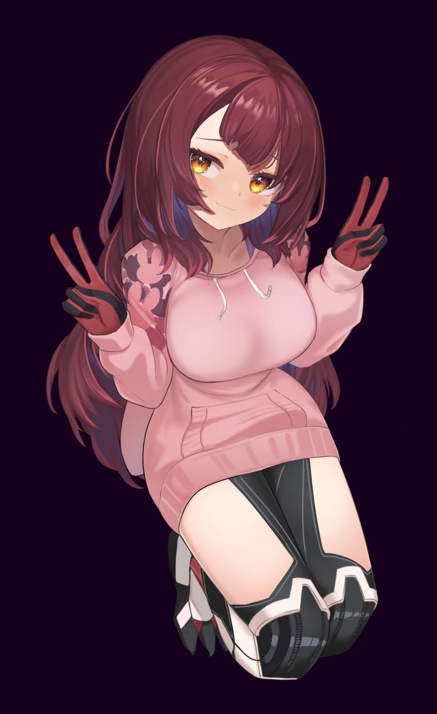 1girl blush breasts commentary double_v from_above full_body highres hololive large_breasts long_hair long_sleeves looking_at_viewer mechanical_legs nanana_narang pink_sweater purple_background redhead roboco-san roboco-san_(hoodie) smile smug solo sweater v virtual_youtuber yellow_eyes