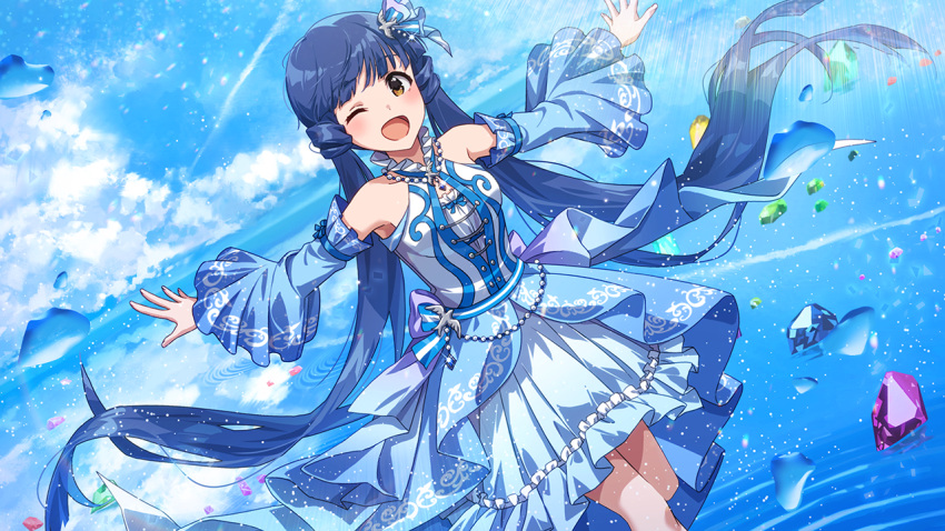 1girl blue_hair blue_sky blunt_bangs blush brown_eyes clouds cloudy_sky dark_blue_hair day detached_sleeves dress idolmaster idolmaster_million_live! idolmaster_million_live!_theater_days kitakami_reika long_hair low_twintails official_art one_eye_closed open_mouth outstretched_arms sky sleeveless sleeveless_dress twintails