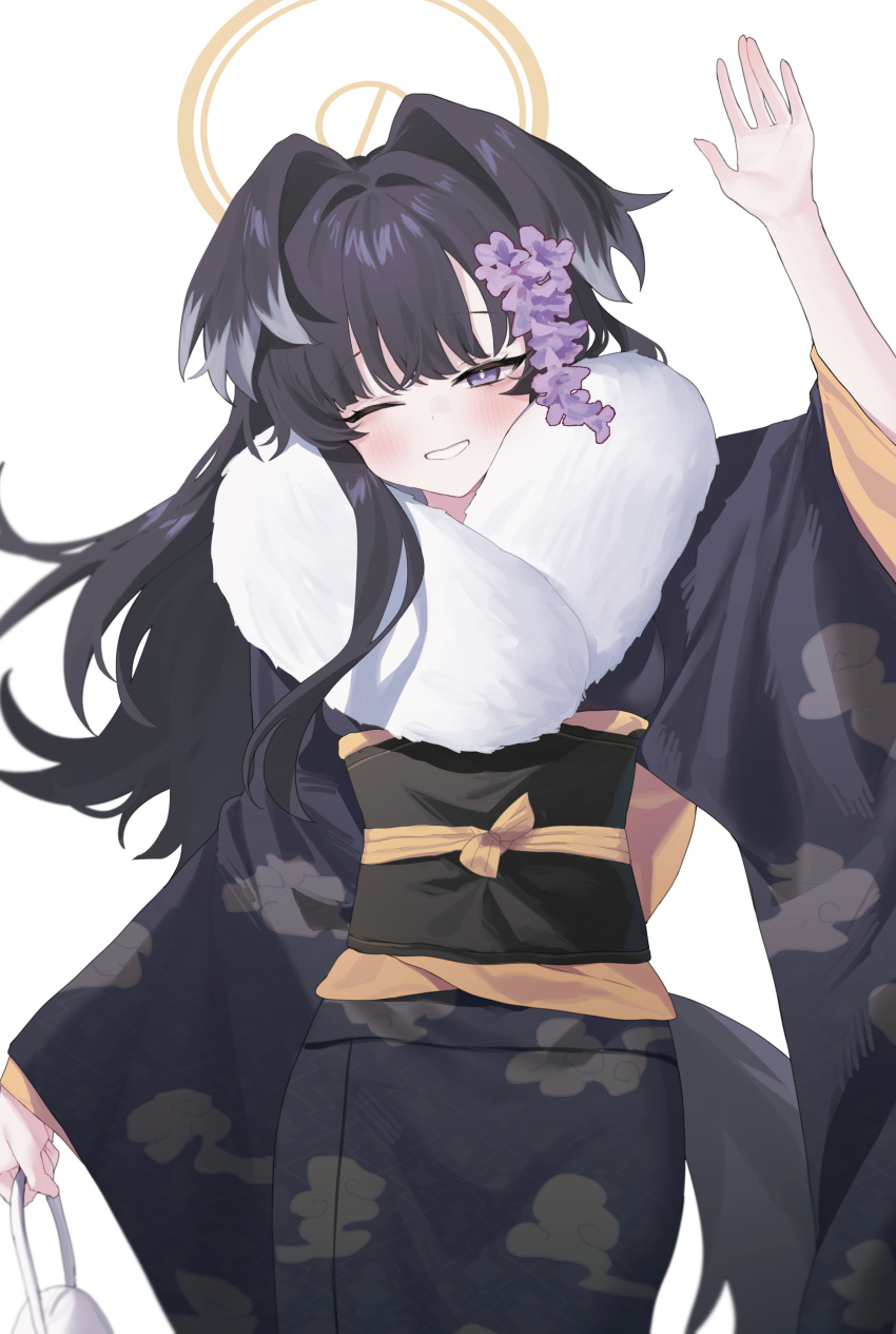1girl absurdres alternate_costume animal_ears bag black_hair black_kimono black_sash blue_archive blush cloud_print commentary_request danbal dog_ears dog_girl dog_tail flower fur-trimmed_kimono fur_trim hair_flower hair_intakes hair_ornament halo hand_up handbag hibiki_(blue_archive) highres holding holding_bag japanese_clothes kimono long_hair looking_at_viewer obi one_eye_closed parted_bangs parted_lips purple_flower sash simple_background solo tail upper_body violet_eyes waving white_background wide_sleeves yellow_halo