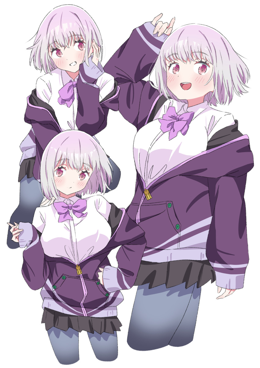 1girl absurdres black_pantyhose black_skirt blush breasts collared_shirt commentary commentary_request cropped_legs gridman_universe grin hand_up highres jacket large_breasts long_sleeves looking_at_viewer multiple_views open_mouth pantyhose purple_hair purple_jacket red_eyes shinjou_akane shirt sho_(shoshos_8888) short_hair simple_background skirt smile ssss.gridman teeth upper_teeth_only white_background white_shirt