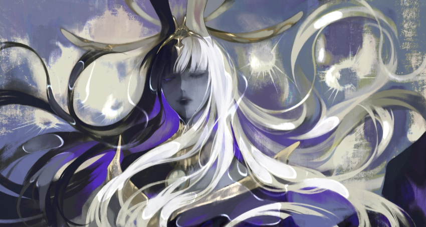 1girl abstract_background animal_ears black_hair black_lips black_skin blunt_bangs colored_skin commentary expressionless final_fantasy final_fantasy_xiv floating_hair gold_trim grey_skin headpiece japanese_clothes jiaoyan_chacha kimono long_hair looking_to_the_side mole mole_under_mouth multicolored_hair multicolored_skin one_eye_closed portrait purple_kimono rabbit_ears solo split-color_hair symbol-only_commentary tiara tsukuyomi_(ff14) two-tone_hair two-tone_skin violet_eyes white_hair yellow_collar