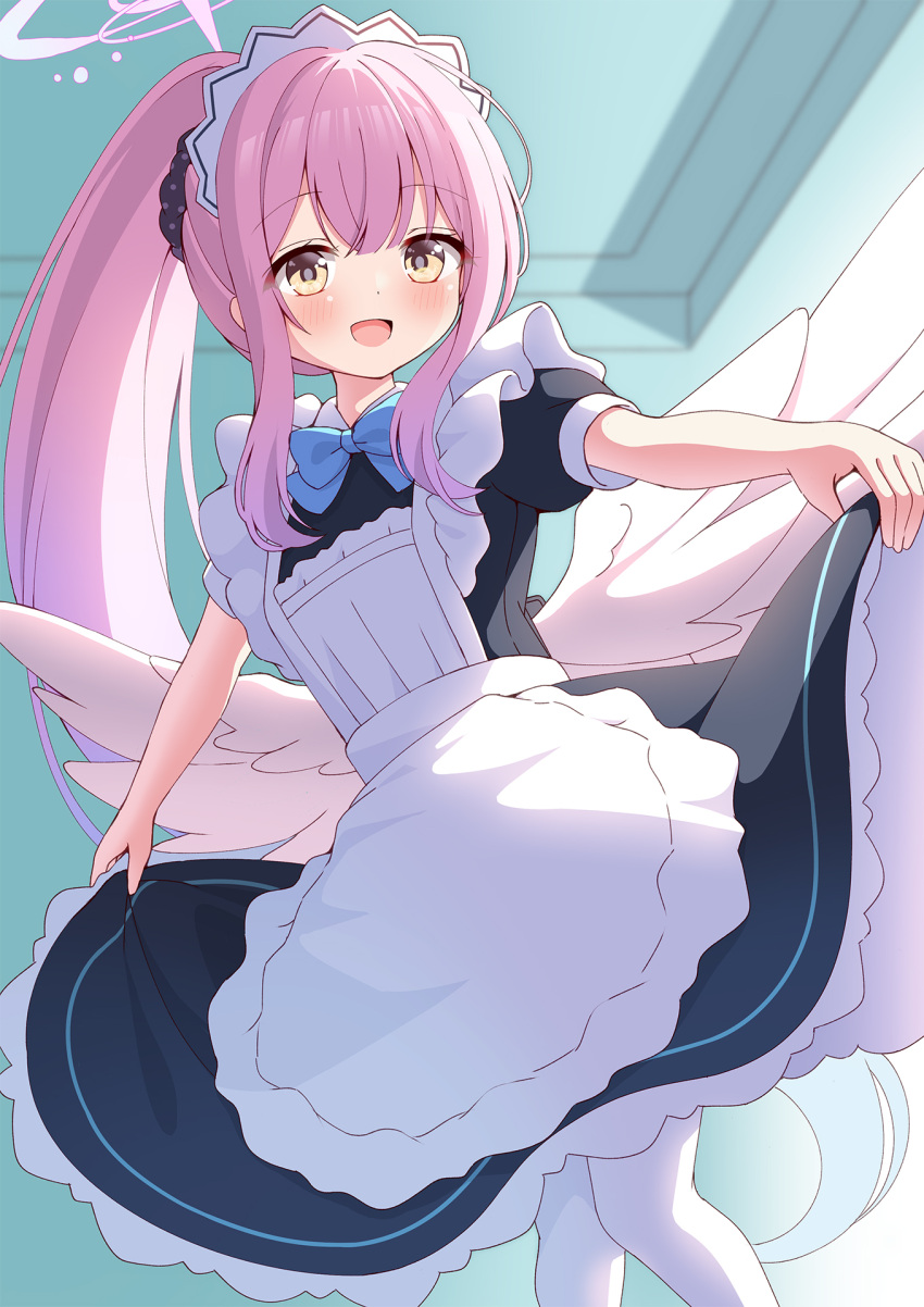 1girl alternate_costume angel_wings apron azel_(laevateinn495) black_dress blue_archive blush commentary_request dress enmaided feathered_wings halo highres long_hair looking_at_viewer maid maid_apron maid_headdress mika_(blue_archive) open_mouth pantyhose pink_hair pink_halo ponytail puffy_short_sleeves puffy_sleeves short_sleeves smile solo white_apron white_pantyhose white_wings wings yellow_eyes