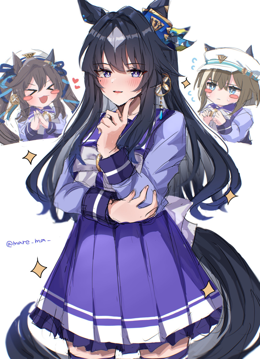 &gt;_&lt; 3girls absurdres animal_ears black_hair blue_eyes blush blush_stickers bow brown_hair cheval_grand_(umamusume) closed_eyes commentary_request cowboy_shot earrings hair_between_eyes hair_ornament hat heart highres horse_ears horse_girl horse_tail jewelry long_hair long_sleeves looking_at_viewer mare_ma multicolored_hair multiple_girls open_mouth parted_lips peaked_cap pleated_skirt purple_serafuku purple_shirt purple_skirt purple_thighhighs sailor_collar sailor_hat school_uniform serafuku shirt siblings simple_background single_earring skirt streaked_hair sweat tail thigh-highs tracen_school_uniform twintails twitter_username umamusume verxina_(umamusume) vivlos_(umamusume) white_background white_bow white_hair white_headwear winter_uniform