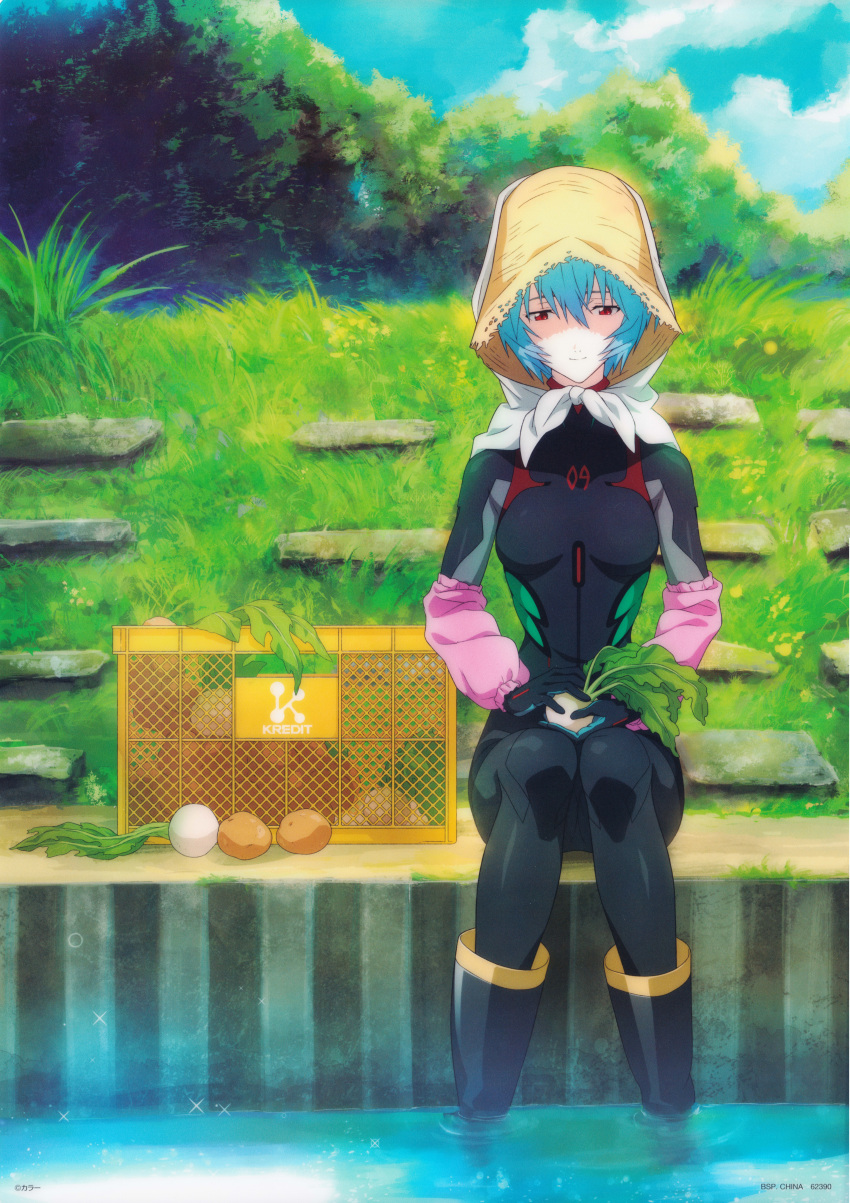 absurdres ayanami_rei black_bodysuit blue_hair blue_sky bodysuit boots clouds cloudy_sky evangelion:_3.0+1.0_thrice_upon_a_time grass hat highres neon_genesis_evangelion official_art pilot_suit plugsuit rebuild_of_evangelion red_eyes scan short_hair sitting sky tree water