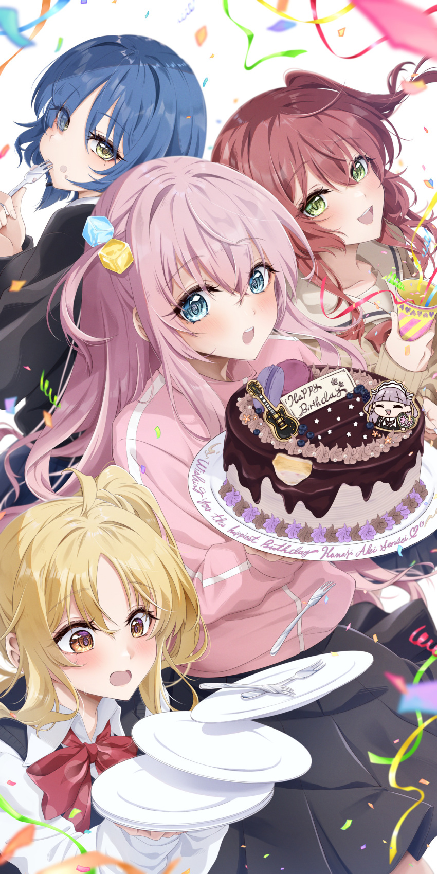 4girls absurdres ahoge birthday_cake black_cardigan black_skirt black_sweater_vest blonde_hair blue_eyes blue_hair blush bocchi_the_rock! bow bowtie brown_sailor_collar brown_shirt cake cardigan collared_shirt commentary confetti cube_hair_ornament floating floating_object food fork gotoh_hitori green_eyes hair_between_eyes hair_intakes hair_ornament happy_birthday highres holding holding_plate ijichi_nijika jacket kita_ikuyo long_hair long_sleeves looking_at_object looking_at_viewer looking_back multiple_girls one_side_up open_mouth parted_bangs pink_hair pink_jacket plate pleated_skirt polka_dot_bowtie red_bow red_bowtie red_eyes redhead sailor_collar school_uniform shirt shuka_high_school_uniform simple_background skirt smile sweater_vest teeth track_jacket upper_body upper_teeth_only white_background white_shirt yamada_ryo yellow_eyes yoru0409