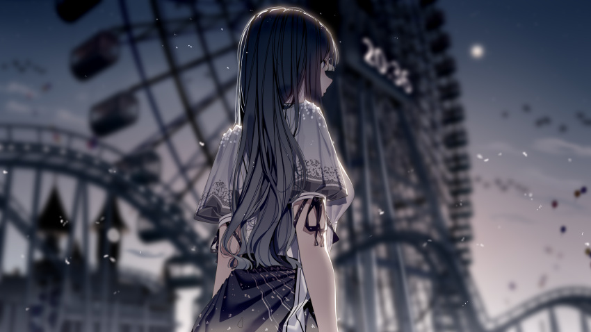 1girl atha_(leejuiping) black_hair black_ribbon black_skirt blurry blurry_background closed_mouth clouds cloudy_sky commentary_request depth_of_field ferris_wheel from_behind full_moon grey_eyes highres long_hair moon original outdoors profile ribbon shirt short_sleeves skirt sky solo very_long_hair white_shirt