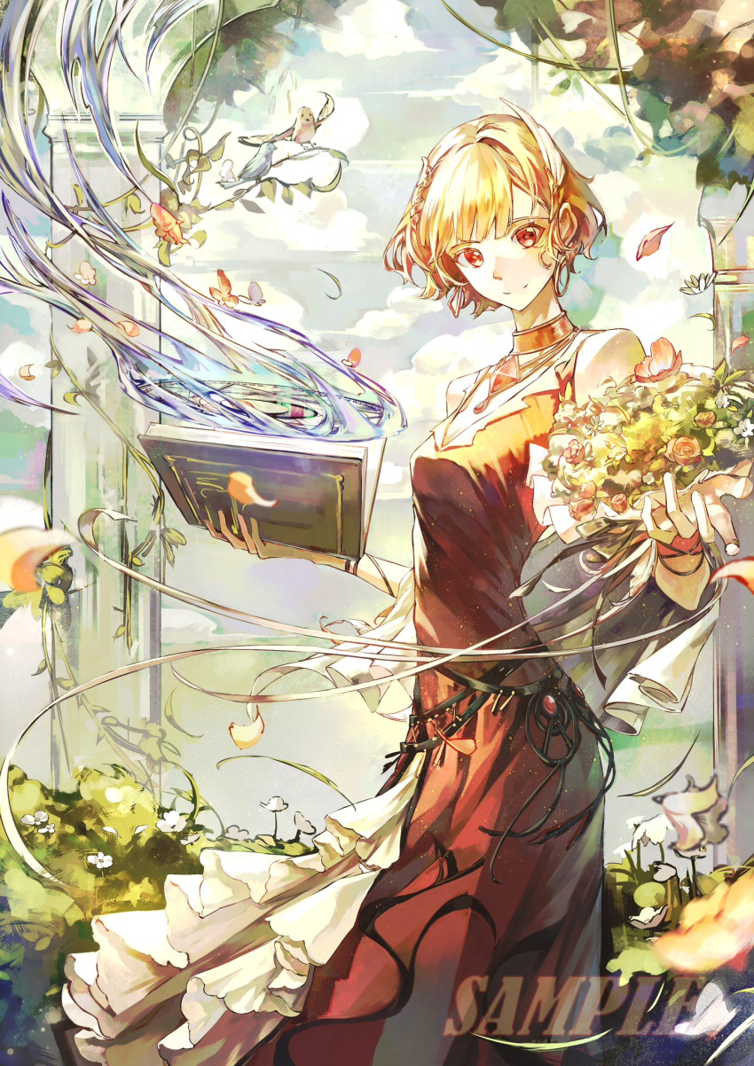 1girl bare_shoulders blonde_hair book bouquet bug butterfly citrinne_(fire_emblem) commentary feather_hair_ornament feathers fire_emblem fire_emblem_engage flower hair_ornament highres holding holding_book holding_bouquet lkppp red_eyes solo symbol-only_commentary