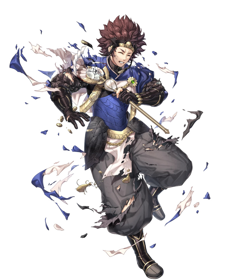 1boy azama_(fire_emblem) azama_(resplindent)_(fire_emblem) black_footwear black_pants boots closed_mouth damaged fire_emblem fire_emblem_fates fire_emblem_heroes full_body hakama highres holding holding_staff japanese_clothes male_focus non-web_source official_alternate_costume official_art pants smile solo staff torn_clothes