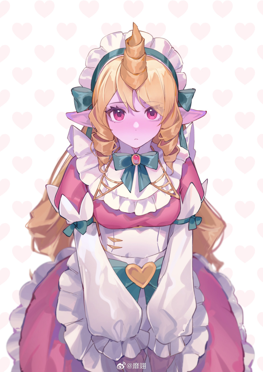 1girl absurdres apron artist_name blonde_hair blush cafe_cuties_soraka closed_mouth colored_skin cowboy_shot dress drill_hair hair_between_eyes highres horns league_of_legends long_hair long_sleeves looking_at_viewer maid_apron official_alternate_costume official_alternate_hairstyle pointy_ears purple_skin single_horn solo soraka_(league_of_legends) twin_drills violet_eyes weibo_miyi